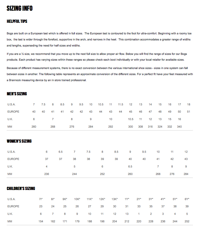 BOGS - Sizing Chart