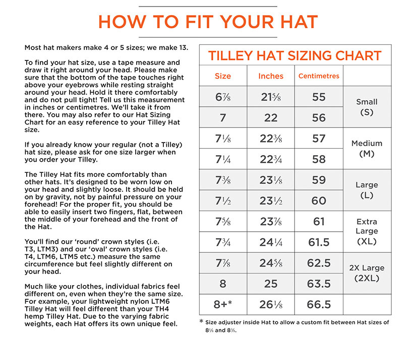 TILLEY Hats Sizing Chart
