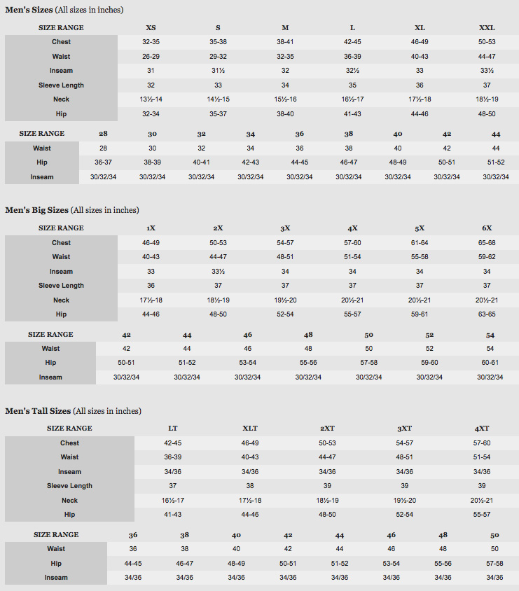 Columbia Clothing Size Chart