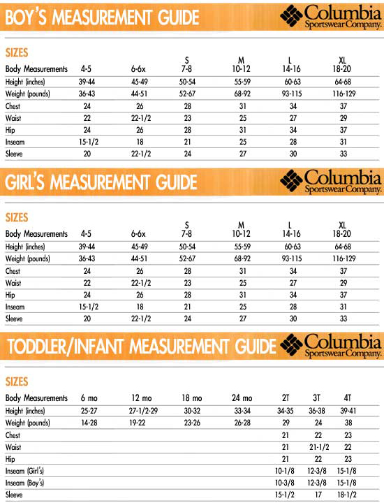 Columbia Clothing Size Chart