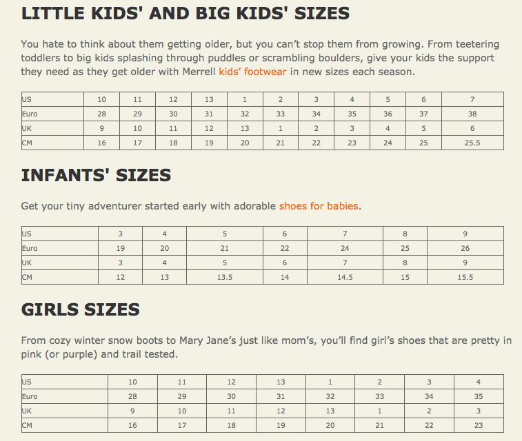 Merrell Shoes Size Chart