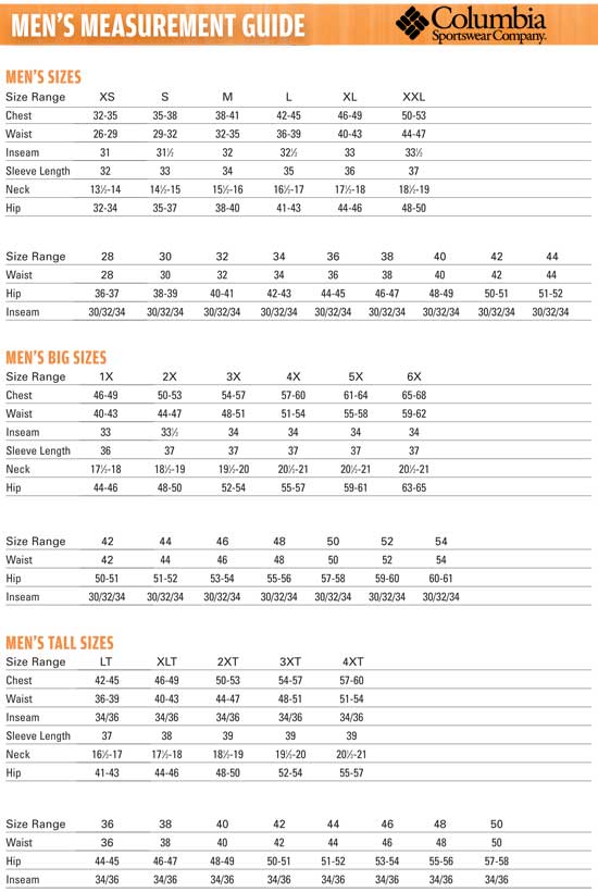 Columbia Big And Size Chart