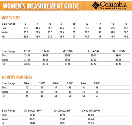 Columbia Women's Jacket Size Chart