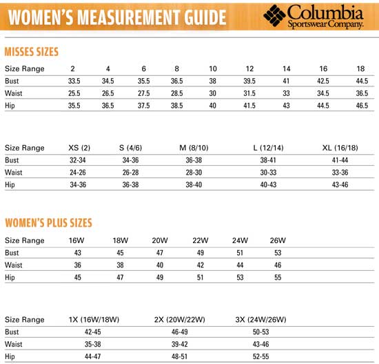 Columbia Womens Size Chart